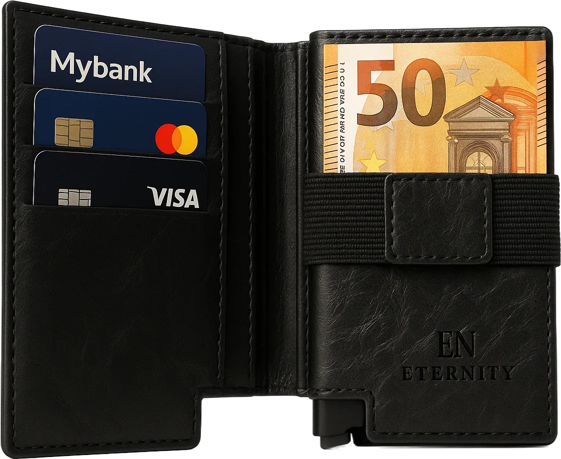 Eternity pop-up wallet, open with cards and cash
